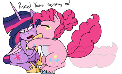 Size: 787x474 | Tagged: safe, artist:kittycatsun, imported from derpibooru, pinkie pie, twilight sparkle, alicorn, earth pony, pony, cheek kiss, chubbie pie, chubby, female, hug, kiss on the cheek, kissing, lesbian, shipping, simple background, tail wag, twilight sparkle (alicorn), twinkie, white background