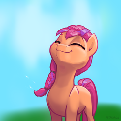 Size: 2048x2048 | Tagged: safe, artist:pfeffaroo, imported from derpibooru, sunny starscout, earth pony, pony, braid, cute, eyes closed, female, g5, high res, mare, sky, smiling, solo, sunnybetes, sweet dreams fuel