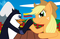 Size: 1756x1136 | Tagged: safe, artist:avellante, imported from derpibooru, applejack, bird, earth pony, penguin, pony, arm wrestling, cloud, dreamworks, fence, madagascar (dreamworks), mountain, rico, the penguins of madagascar