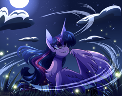 Size: 3800x3000 | Tagged: safe, artist:celes-969, artist:spirit-fire360, imported from derpibooru, twilight sparkle, alicorn, firefly (insect), insect, pony, absurd resolution, chest fluff, cloud, eye clipping through hair, eyebrows, eyebrows visible through hair, fanart, female, full moon, grass, grin, high res, mare, moon, night, smiling, solo, twilight sparkle (alicorn), wind