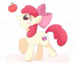 Size: 2048x1707 | Tagged: dead source, safe, artist:arrow__root, artist:ginmaruxx, imported from derpibooru, apple bloom, earth pony, pony, apple, blushing, female, filly, food, open mouth, open smile, raised hoof, smiling, solo