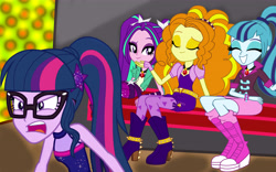 Size: 8000x5000 | Tagged: safe, artist:bigpurplemuppet99, imported from derpibooru, adagio dazzle, aria blaze, sci-twi, sonata dusk, twilight sparkle, equestria girls, equestria girls series, rainbow rocks, spring breakdown, spoiler:eqg series (season 2), clothes, female, geode of telekinesis, glasses, magical geodes, sleeveless, the dazzlings