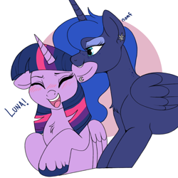 Size: 1200x1198 | Tagged: source needed, safe, artist:lulubell, imported from derpibooru, princess luna, twilight sparkle, alicorn, pony, biting, blushing, chest fluff, cute, ear bite, ear piercing, earring, female, flustered, jewelry, laughing, lesbian, lunabetes, piercing, shipping, simple background, smiling, twilight sparkle (alicorn), twiluna, white background