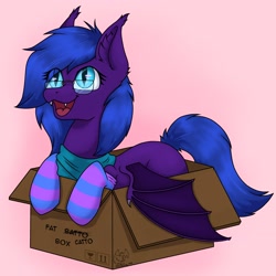 Size: 3072x3072 | Tagged: safe, artist:zackwhitefang, imported from derpibooru, oc, oc only, bat pony, pony, bat pony oc, bat wings, behaving like a cat, box, clothes, commission, cute, cute little fangs, digital art, fangs, female, glasses, high res, hooves, if i fits i sits, mare, open mouth, pony in a box, scarf, socks, solo, spread wings, striped socks, tail, wings
