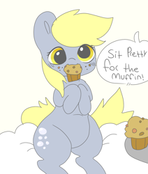 Size: 2019x2379 | Tagged: safe, artist:mushy, imported from derpibooru, derpy hooves, pegasus, pony, cute, cutie mark, derpabetes, dialogue, food, high res, mouth hold, muffin, simple background, solo, white background