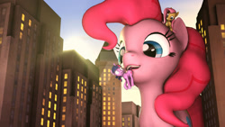 Size: 1024x576 | Tagged: safe, artist:vincher, imported from derpibooru, fluttershy, pinkie pie, twilight sparkle, earth pony, pegasus, pony, unicorn, 3d, city, deviantart watermark, female, giant pony, giantess, helping, macro, mare, obtrusive watermark, source filmmaker, unicorn twilight, watermark