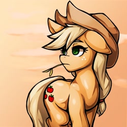 Size: 1764x1764 | Tagged: safe, artist:kyouman1010, imported from derpibooru, applejack, earth pony, pony, cowboy hat, female, hat, hay stalk, mare, solo