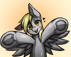 Size: 2205x1764 | Tagged: safe, artist:kyouman1010, imported from derpibooru, derpy hooves, pegasus, pony, blushing, female, floating heart, frog (hoof), heart, looking at you, mare, open mouth, open smile, outstretched arms, smiling, solo, spread wings, underhoof, wings