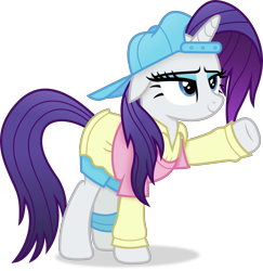 Size: 3571x3677 | Tagged: safe, artist:anime-equestria, imported from derpibooru, rarity, pony, unicorn, friendship university, alternate hairstyle, backwards ballcap, baseball cap, cap, clothes, disguise, eyeshadow, female, hat, high res, horn, makeup, mare, plainity, shirt, simple background, smiling, solo, sweater, transparent background, vector