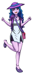 Size: 1352x3000 | Tagged: safe, artist:artemis-polara, imported from derpibooru, izzy moonbow, equestria girls, spoiler:g5, ankle bracelet, anklet, bag, barefoot, bracelet, clothes, dress, equestria girls-ified, feet, female, g5, g5 to equestria girls, hat, high res, jewelry, legs, necklace, open mouth, open smile, shoe dangling, shoes, simple background, smiling, solo, solo female, toes, transparent background, vest