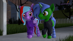 Size: 3840x2160 | Tagged: safe, artist:melodiousmarci, imported from derpibooru, oc, oc:omega(omegacreeper), oc:omega(phosphorshy), oc:star beats, pegasus, unicorn, 3d, clothes, fence, grass, hoodie, looking at each other, melodiousphosphor, night, oc x oc, omegamarci, shipping, sidewalk, socks, source filmmaker, talking, tree, walking