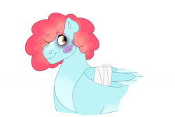 Size: 1280x854 | Tagged: safe, artist:itstechtock, imported from derpibooru, oc, oc only, oc:cloudberry, pegasus, pony, bandage, bandaid, broken wing, bruised, female, magical lesbian spawn, mare, offspring, parent:dizzy twister, parent:sassaflash, simple background, solo, white background, wings