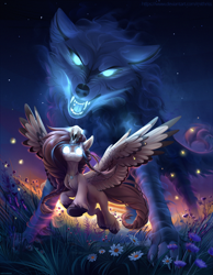Size: 2500x3216 | Tagged: safe, artist:mithriss, imported from derpibooru, oc, oc only, oc:ondrea, oc:ria'kho, pegasus, pony, wolf, background, bonepone, braid, braided tail, face paint, female, flower, flying, freckles, glowing eyes, high res, leaping, long hair, mare, meadow, natural, skull, solo, spirit, sunset, tall, thick, unshorn fetlocks, wings