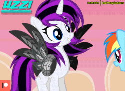 Size: 1650x1200 | Tagged: safe, alternate version, artist:uzzi-ponydubberx, imported from derpibooru, rainbow dash, oc, alicorn, fly, insect, pegasus, pony, hurricane fluttershy, season 2, absurd file size, absurd resolution, alicorn oc, animated, canon x oc, cloud, couple, cutie mark, darling, eyes closed, female, flying, friendshipping, gif, happy, horn, hug, mare, my little pony, patreon, patreon logo, pegasus oc, reddit, tail, wings