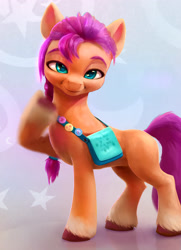 Size: 2432x3360 | Tagged: safe, edit, editor:xbi, imported from derpibooru, screencap, sunny starscout, earth pony, pony, abstract background, badge, bag, bedroom eyes, concave belly, female, g5, high res, lidded eyes, looking at you, mare, raised hoof, slim, solo, suggestive smile, thin