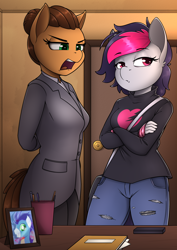 Size: 2430x3438 | Tagged: safe, artist:felixf, imported from derpibooru, soarin', oc, oc only, oc:miss eri, anthro, anthro oc, black and red mane, breasts, clothes, commission, door, duo, emo, heart, high res, jeans, pants, photo, teenager, two toned mane, ych example, your character here
