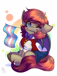 Size: 1200x1600 | Tagged: safe, artist:falafeljake, imported from derpibooru, oc, oc only, oc:xuan mai, bat pony, pony, bat pony oc, bat wings, clothes, commission, pride, pride flag, simple background, solo, transgender pride flag, wings, ych result