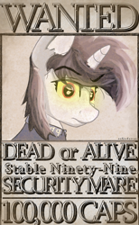 Size: 1230x2000 | Tagged: safe, artist:coffeeponee, imported from derpibooru, oc, oc only, oc:blackjack, pony, unicorn, fallout equestria, fallout equestria: project horizons, fanfic art, female, glowing eyes, looking at you, mare, simple background, solo, wanted poster