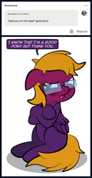 Size: 1024x1989 | Tagged: safe, artist:alexdti, imported from derpibooru, oc, oc only, oc:purple creativity, pegasus, pony, blushing, blushing profusely, glasses, solo