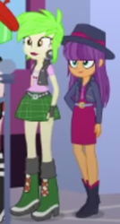 Size: 250x465 | Tagged: safe, imported from derpibooru, screencap, cherry crash, drama letter, ginger owlseye, watermelody, equestria girls, equestria girls series, holidays unwrapped, spoiler:eqg series (season 2), clothes, cropped, dashing through the mall, duo focus, fedora, female, hat, miniskirt, offscreen character, skirt