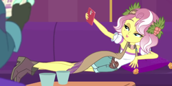 Size: 768x384 | Tagged: safe, imported from derpibooru, screencap, vignette valencia, equestria girls, equestria girls series, inclement leather, cellphone, cropped, female, inclement leather: vignette valencia, phone, pose, smartphone