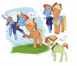 Size: 4096x3482 | Tagged: safe, artist:cass_a_rollie, imported from derpibooru, applejack, rainbow dash, oc, oc:zap apple, earth pony, pegasus, pony, the last problem, alternate clothes, appledash, badge, bandana, blank flank, blouse, blushing, boop, braided tail, butt, clothes, cloud, dialogue, digital art, eye clipping through hair, eyebrows, eyebrows visible through hair, eyes closed, falling leaves, female, filly, floating, flying, foal, folded wings, freckles, granny smith's shawl, grass, hair bun, hat, heart, high res, hoof touching, hug, jacket, leaves, lesbian, looking back, magical lesbian spawn, mare, midair, multicolored mane, multicolored tail, offspring, older, older applejack, older rainbow dash, open mouth, open smile, parent:applejack, parent:rainbow dash, parents:appledash, pegasus oc, plot, ponytail, raised hoof, shipping, shirt, short hair, side by side, simple background, sky, smiling, spread wings, standing, sweater, touching hooves, trio, trio female, turtleneck, unshorn fetlocks, vignette, wall of tags, white background, winghug, wings