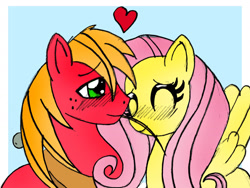 Size: 1771x1332 | Tagged: safe, artist:chibi-n92, imported from derpibooru, big macintosh, fluttershy, earth pony, pegasus, pony, blushing, bust, eyelashes, female, fluttermac, freckles, heart, male, mare, shipping, stallion, straight, straw in mouth, wings, yoke