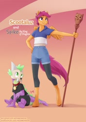 Size: 849x1200 | Tagged: safe, artist:pwnagespartan, imported from derpibooru, scootaloo, spike, anthro, dragon, pegasus, pony, clothes, cosplay, costume, king (the owl house), luz noceda, shorts, staff, the owl house, tights