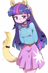 Size: 2028x3112 | Tagged: safe, artist:nendo, imported from derpibooru, twilight sparkle, human, equestria girls, animal ears, arm behind back, clothes, cute, cutie mark, cutie mark on clothes, fox ears, fox tail, humanized, skirt, solo, twiabetes