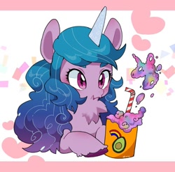 Size: 736x727 | Tagged: safe, artist:xlanuxx, imported from derpibooru, izzy moonbow, pony, unicorn, abstract background, blushing, chest fluff, cup, cute, drink, female, g5, izzybetes, solo, straw, unshorn fetlocks