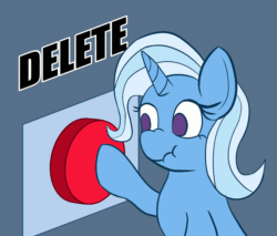 Size: 2000x1700 | Tagged: safe, artist:zeronixma, editor:drtoughlove, imported from twibooru, trixie, pony, unicorn, animated, big red button, button, delet this, female, gif, image, reaction image, scrunchy face, solo, twibooru exclusive