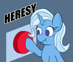 Size: 2000x1700 | Tagged: safe, artist:zeronixma, editor:drtoughlove, imported from twibooru, trixie, pony, unicorn, animated, big red button, button, female, gif, heresy, image, reaction image, scrunchy face, solo, twibooru exclusive