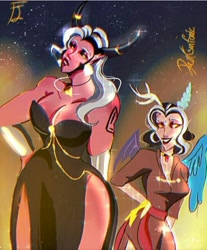 Size: 540x653 | Tagged: safe, artist:darksinfonic, imported from derpibooru, discord, lord tirek, human, breasts, busty eris, busty lady tirek, cleavage, clothes, dress, eris, female, gay, grin, hand on hip, height difference, horn, horned humanization, humanized, lady tirek, lesbian, looking at each other, male, rule 63, scorpan's necklace, shipping, smiling, stupid sexy discord, stupid sexy tirek, tattoo, tirekcord, winged humanization, wings