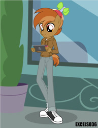 Size: 613x793 | Tagged: safe, artist:excelso36, imported from derpibooru, button mash, anthro, earth pony, plantigrade anthro, equestria girls, clothes, converse, hat, nintendo switch, outdoors, playing, propeller hat, shoes, solo, switch, video game