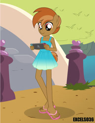 Size: 613x792 | Tagged: safe, alternate version, artist:excelso36, imported from derpibooru, imported from ponybooru, button mash, anthro, earth pony, plantigrade anthro, equestria girls, ankles, buttonbetes, clothes, crossdressing, cute, dress, flip-flops, male, nintendo switch, outdoors, playing, solo, switch, trap, video game