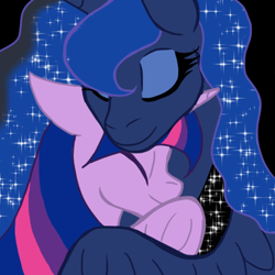 Size: 500x500 | Tagged: artist needed, safe, imported from derpibooru, princess luna, twilight sparkle, alicorn, bisexual, cuddling, fanart, female, hug, lesbian, my little pony, shipping, twilight sparkle (alicorn), twiluna, winghug, wings