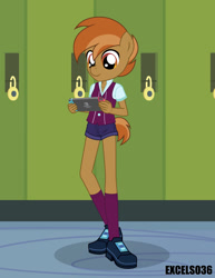 Size: 612x792 | Tagged: safe, alternate version, artist:excelso36, imported from derpibooru, imported from ponybooru, button mash, anthro, earth pony, plantigrade anthro, equestria girls, canterlot high, clothes, crystal prep academy uniform, lockers, nintendo switch, playing, school, school uniform, shoes, socks, solo, switch, video game