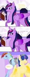 Size: 830x2127 | Tagged: safe, artist:byemyfriends, artist:schokocream, imported from derpibooru, rainbow dash, twilight sparkle, oc, oc:honeydew feather, alicorn, pegasus, pony, comic, dialogue, eye scar, female, mare, offspring, parent:flash sentry, parent:twilight sparkle, parents:flashlight, scar, twilight sparkle (alicorn), wings