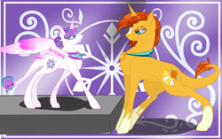 Size: 1875x1175 | Tagged: safe, artist:byemyfriends, artist:schokocream, imported from derpibooru, princess flurry heart, sunburst, alicorn, pony, unicorn, abstract background, coat markings, duo, female, filly, horn, male, older, older flurry heart, socks (coat markings), stallion, wings