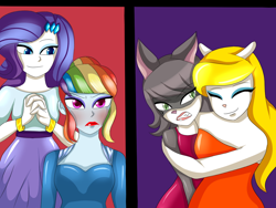 Size: 1024x768 | Tagged: safe, artist:hwers, imported from derpibooru, rainbow dash, rarity, anthro, equestria girls, angry, animaniacs, annoyed, blushing, bracelet, bust, clothes, dress, female, hape, hug, jewelry, latex dress, lipstick, makeup, personal space invasion, rainbow dash always dresses in style, red lipstick, smiling, tomboy taming