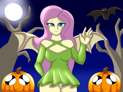 Size: 1024x768 | Tagged: safe, artist:hwers, imported from derpibooru, fluttershy, bat, bat pony, equestria girls, bat ponified, breasts, busty fluttershy, clothes, costume, equestria girls-ified, female, flutterbat, full moon, halloween, halloween costume, holiday, jack-o-lantern, legs together, moon, night, pumpkin, race swap, skirt, smiling, solo, spread wings, tree, waving, wings