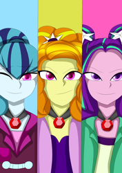 Size: 1240x1748 | Tagged: safe, artist:hwers, imported from derpibooru, adagio dazzle, aria blaze, sonata dusk, equestria girls, bust, clothes, female, gem, jewelry, necklace, one eye closed, siren gem, smiling, the dazzlings, wink