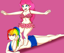 Size: 921x762 | Tagged: safe, artist:hwers, imported from derpibooru, pinkie pie, rainbow dash, human, barefoot, bra, clothes, duo, feet, humanized, pink background, shorts, simple background, skirt, smiling, underwear