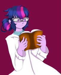 Size: 2407x2932 | Tagged: safe, artist:hwers, imported from derpibooru, sci-twi, twilight sparkle, equestria girls, 2019, book, clothes, female, glasses, high res, lab coat, nerd, purple background, reading, simple background, solo