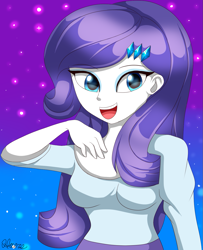 Size: 1107x1360 | Tagged: safe, artist:hwers, imported from derpibooru, rarity, equestria girls, :d, abstract background, bust, clothes, eyelashes, female, hairclip, open mouth, signature, smiling, solo