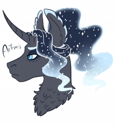 Size: 1878x2048 | Tagged: safe, alternate version, artist:eperyton, imported from derpibooru, oc, oc only, oc:artemis, pony, bust, chest fluff, curved horn, ear fluff, ethereal mane, frown, horn, interspecies offspring, offspring, parent:oc:daedalus ravenwing, parent:princess luna, parents:canon x oc, simple background, solo, starry mane, white background