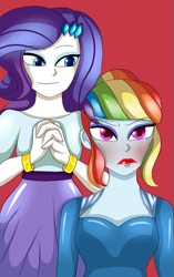 Size: 467x745 | Tagged: safe, artist:hwers, edit, imported from derpibooru, rainbow dash, rarity, equestria girls, alternate hairstyle, annoyed, blushing, bracelet, bust, clothes, cropped, dress, female, jewelry, latex dress, lipstick, makeup, rainbow dash always dresses in style, red lipstick, smiling, tomboy taming
