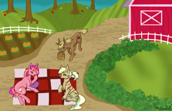 Size: 2637x1714 | Tagged: safe, artist:misskanabelle, imported from derpibooru, oc, oc only, earth pony, pony, unicorn, barn, basket, earth pony oc, high res, horn, looking at each other, outdoors, picnic basket, picnic blanket, signature, sitting, smiling, smiling at each other, unicorn oc
