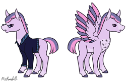 Size: 1750x1128 | Tagged: safe, artist:misskanabelle, imported from derpibooru, oc, oc only, earth pony, pegasus, pony, chest fluff, clothes, crack ship offspring, duo, earth pony oc, magical lesbian spawn, male, offspring, parent:fleur-de-lis, parent:twilight sparkle, parents:fleurlight, pegasus oc, signature, simple background, solo, stallion, white background, wings