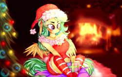 Size: 4758x3000 | Tagged: safe, artist:chrysgalaxy, imported from derpibooru, oc, oc only, anthro, pegasus, blushing, christmas, christmas lights, christmas tree, clothes, female, fireplace, hat, holiday, indoors, pegasus oc, present, santa hat, sitting, smiling, solo, stockings, thigh highs, tree